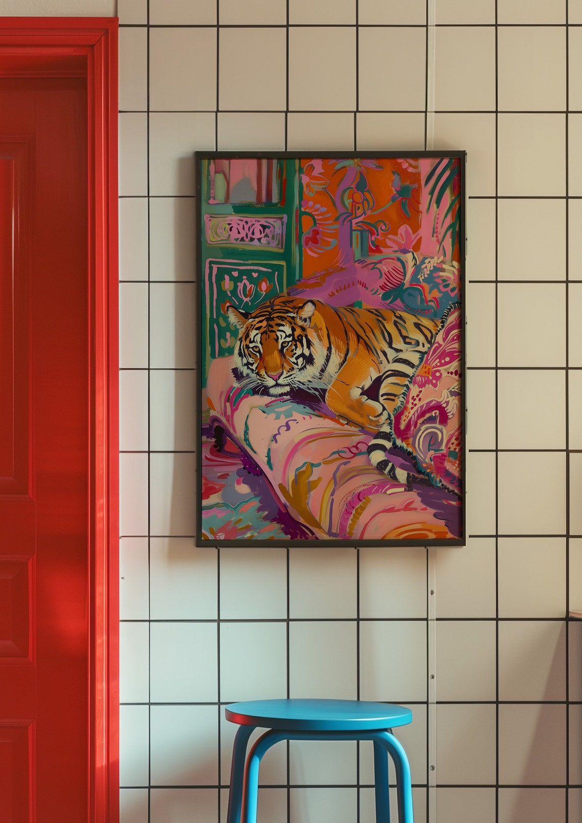 Relaxed Tiger Lounging on a Pink Patterned Armchair Art Poster - Image 7