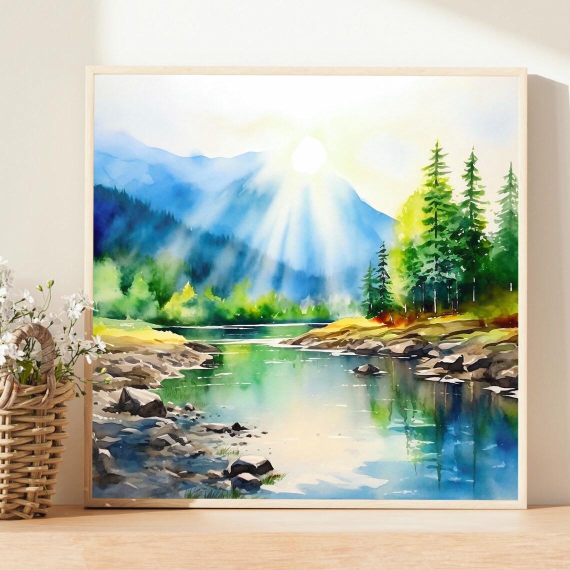Mountain River In The Sun Watercolor Art Print - Image 3
