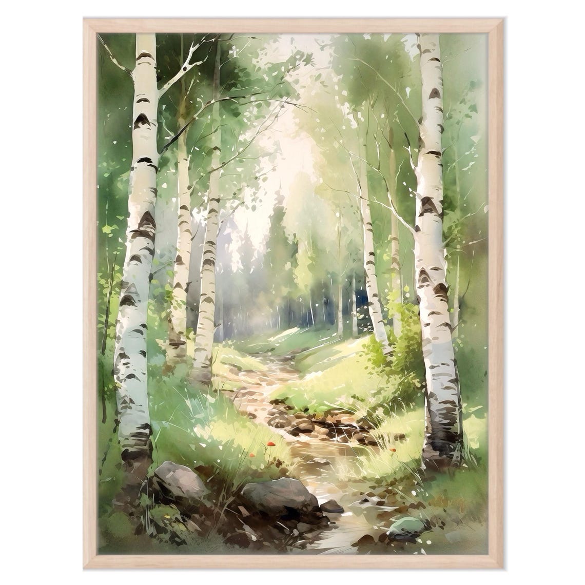 Birch Trees By Gentle Stream Misty Sunlight Watercolor Poster