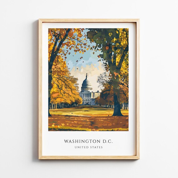 Washington DC Capitol Autumn Travel Poster Fall Foliage Landmark Scene