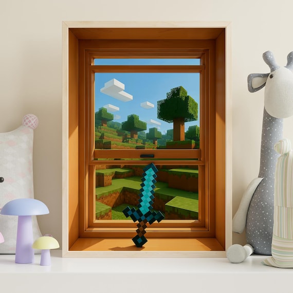 Blocky Voxel Forest Window View With Diamond Sword Kids Poster