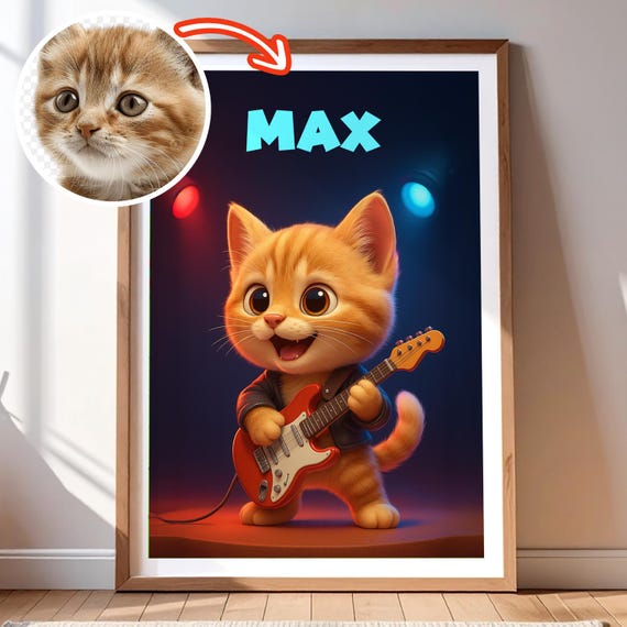 Custom Rock Star Pet Portrait Personalized Poster Funny Art Rockstar Wall Decor Gift For Music Lovers