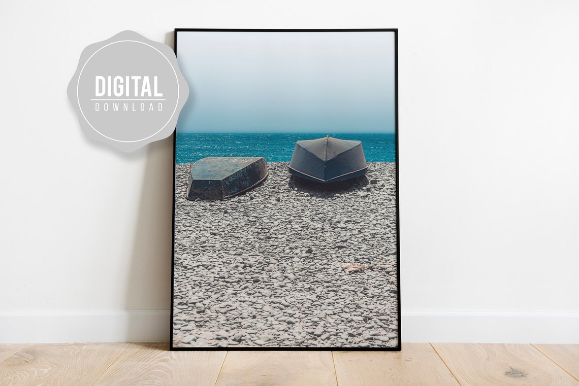 Two Wooden Boats On Shingle Beach Photo Poster Coastal Decor