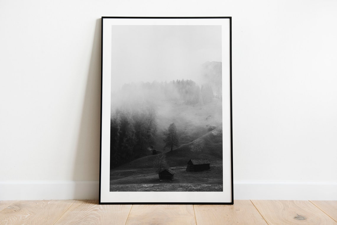 Misty Black And White Mountain Valley Cabin Moody Nature Photo Poster