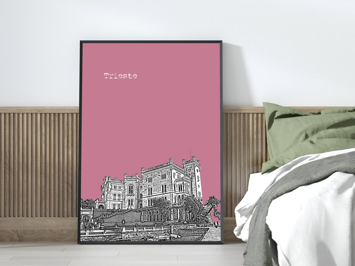 Trieste Pink Pop Art Seaside Castle On The Water Sketch Print Decor - Image 3