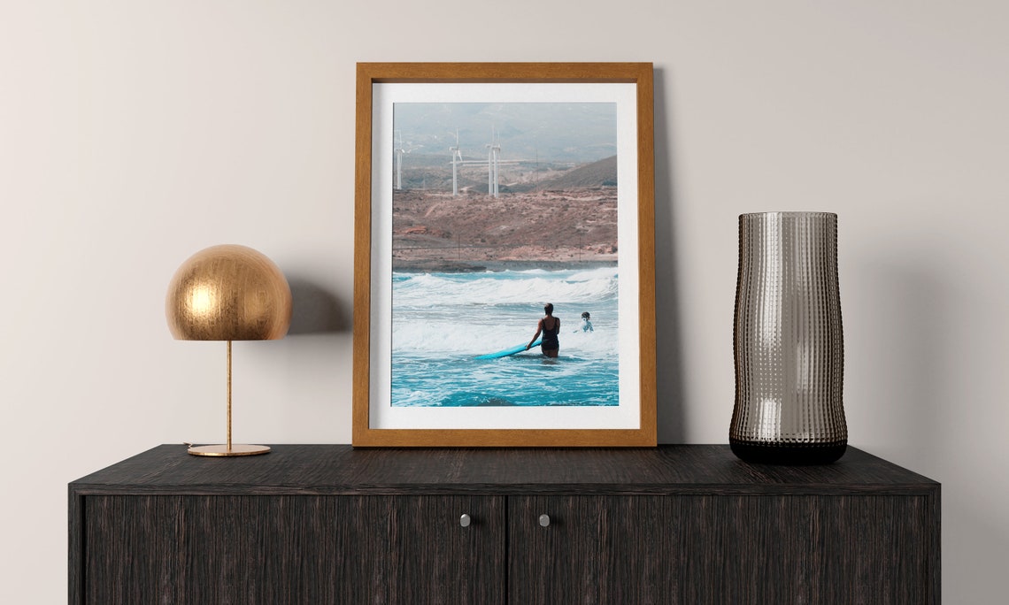 Surfer Entering Turquoise Waves Photo Print Coastal Beach Wall Decor