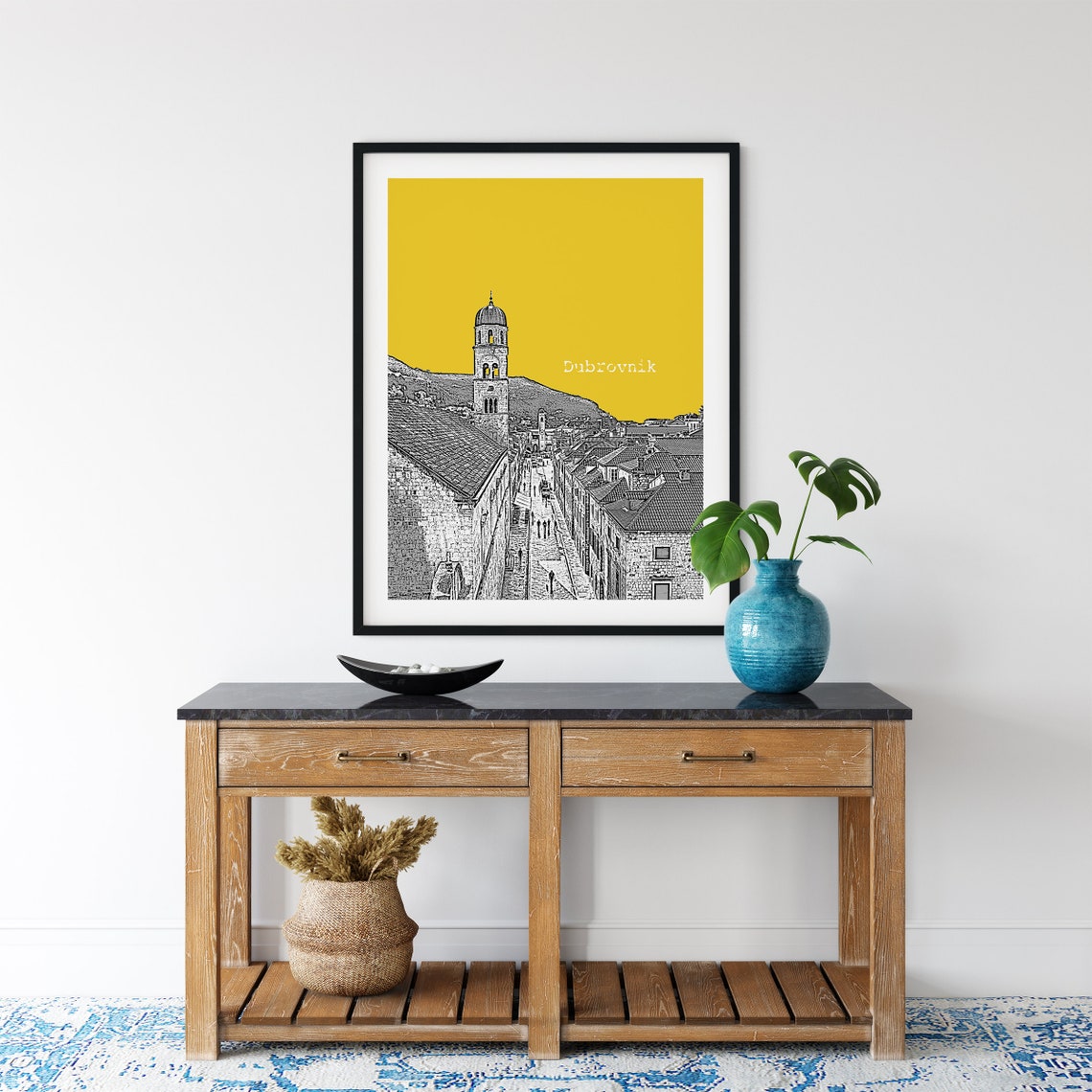 Dubrovnik Yellow Pop Art Old Town Bell Tower Sketch Print Decor - Image 2