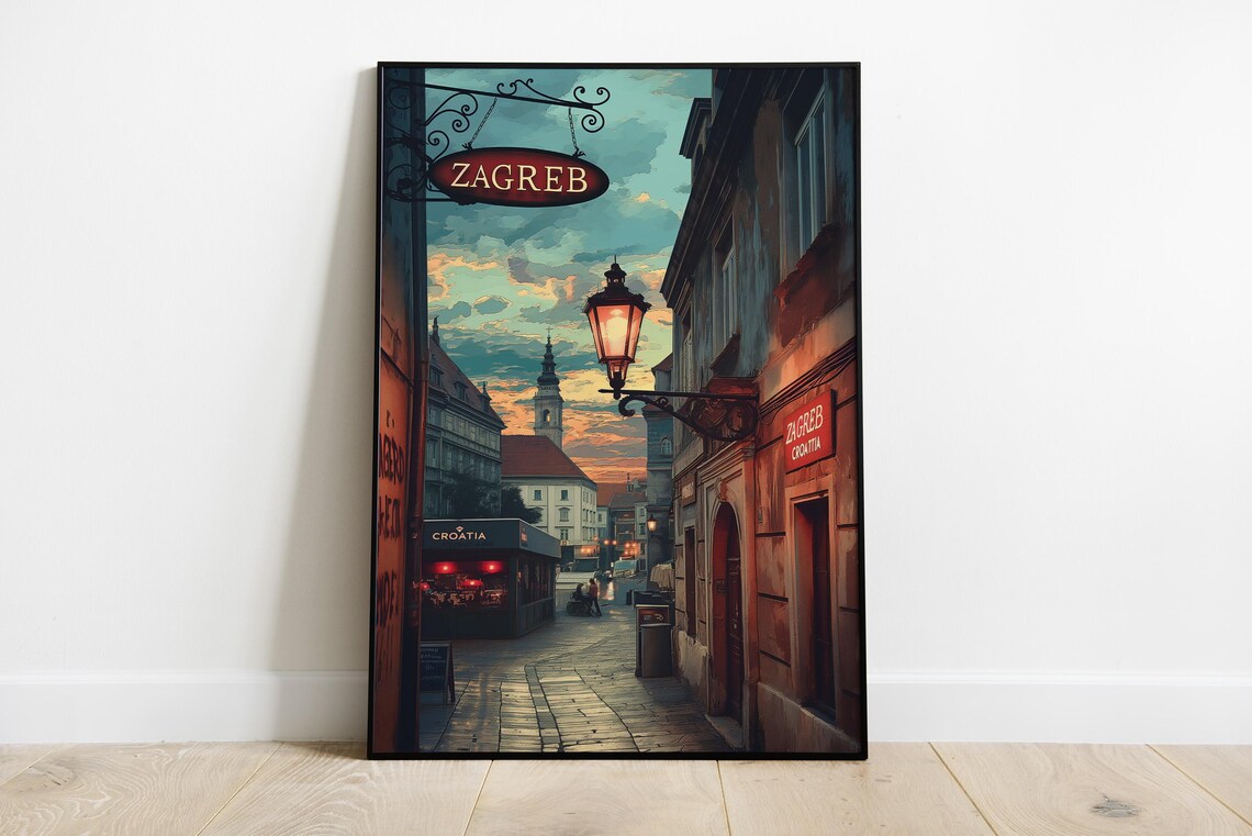 Zagreb Vintage Travel Poster Old Town Street Lamp Croatia Art Decor