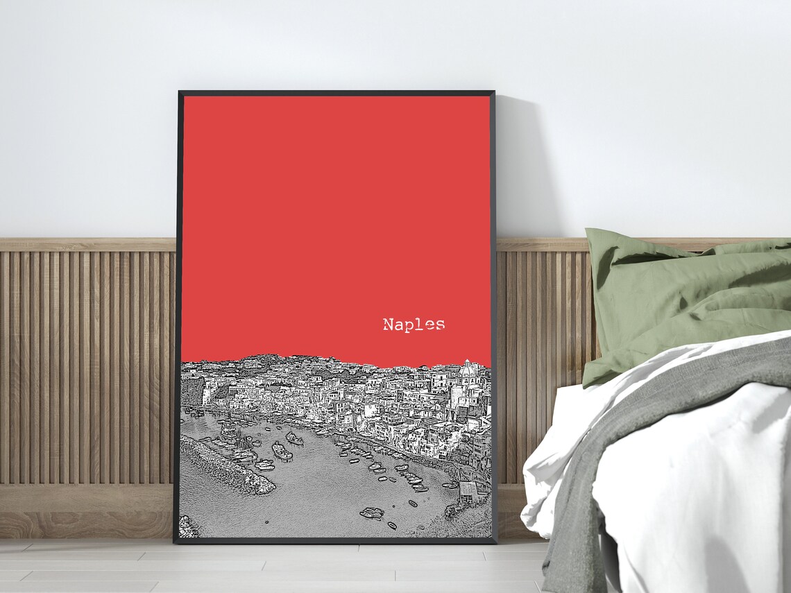 Naples Red Pop Art Harbor Bay Boats Italian Coast Sketch Print Decor - Image 3