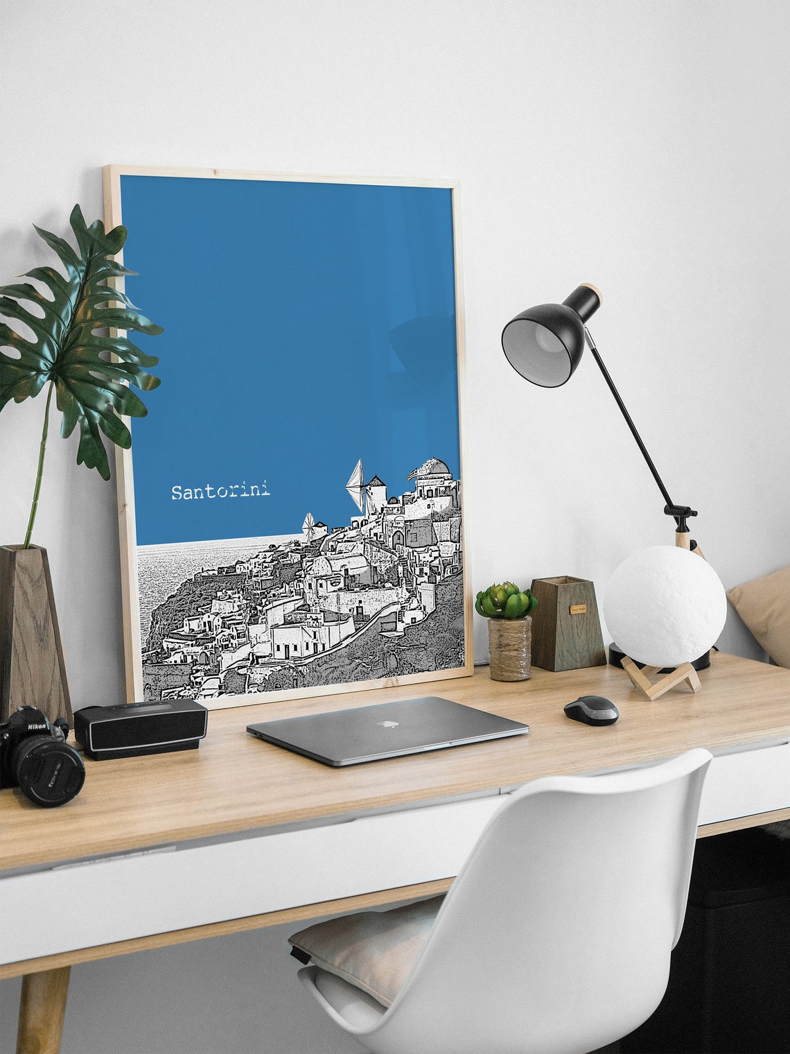 Santorini Greece Windmills Color Block Poster With Custom Sky Color - Image 2