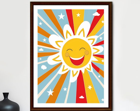 Kids Art Boho Nursery Decor Wall Sun Print Girls Happy Neutral Playroom