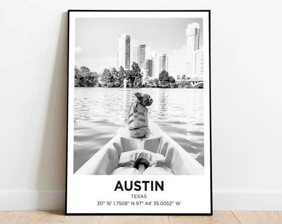 Austin Texas Kayak Dog Black White Skyline Photo Travel Poster