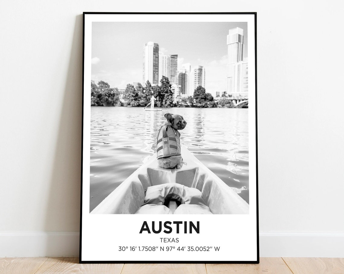 Austin Texas Kayak Dog Black White Skyline Photo Travel Poster
