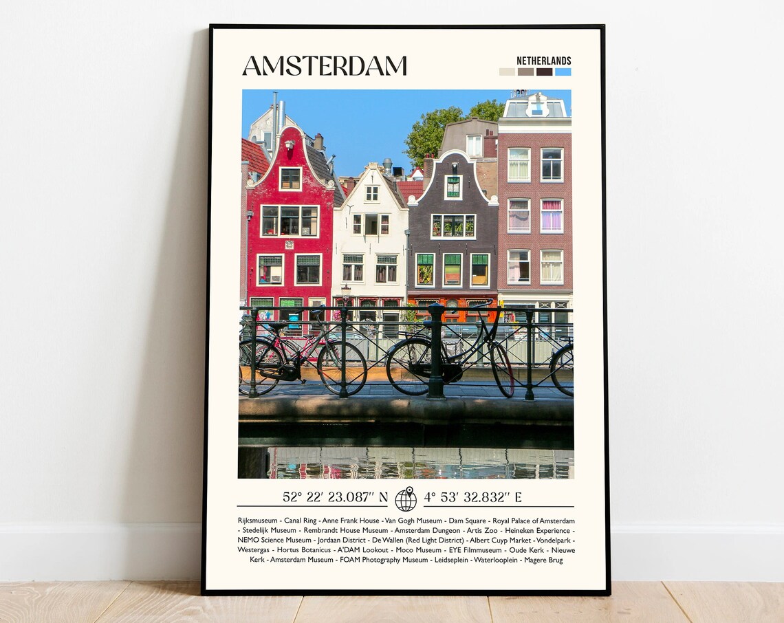 Amsterdam Netherlands Canal Houses Bikes Vintage Travel Poster
