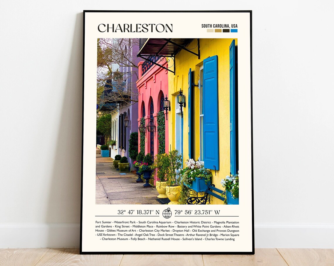 Charleston Rainbow Row Colorful Houses South Carolina Travel Poster