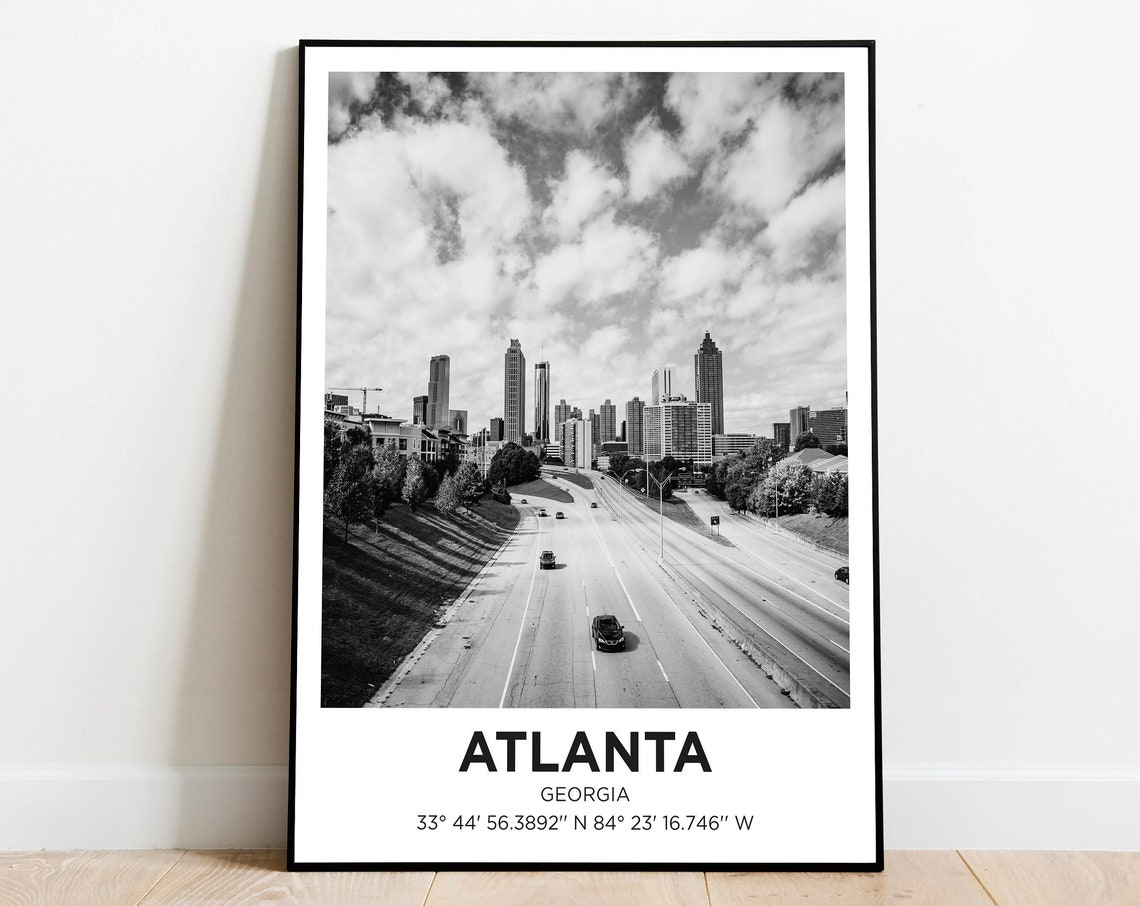 Atlanta City Georgia Travel Poster Gift Eclectic Black White Print Trendy Living Room Retro States Of America Wall Art Decor Framed Canvas