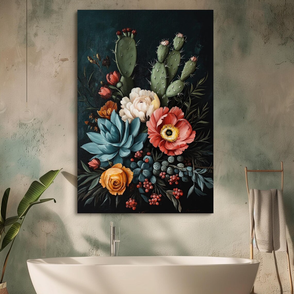 Cactus Roses And Poppies Bouquet Dark Botanical Still Life Poster