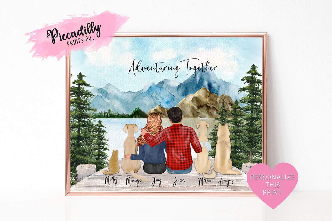 Custom Couple Print With Dog, Personalised Portrait