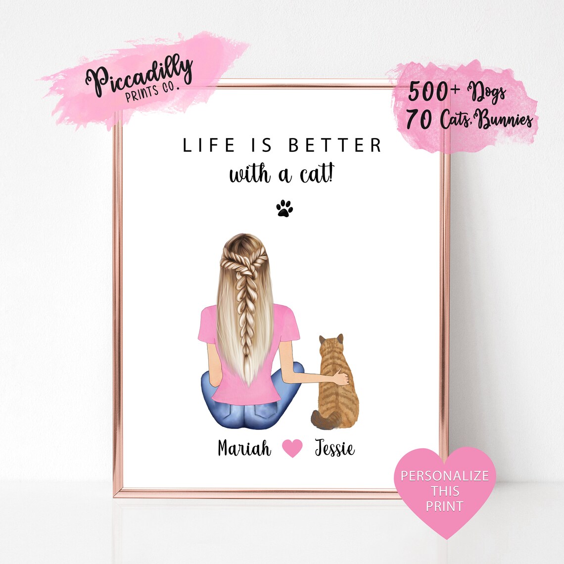 Personalized Cat Owner Portrait, Pet Mom Gift Print