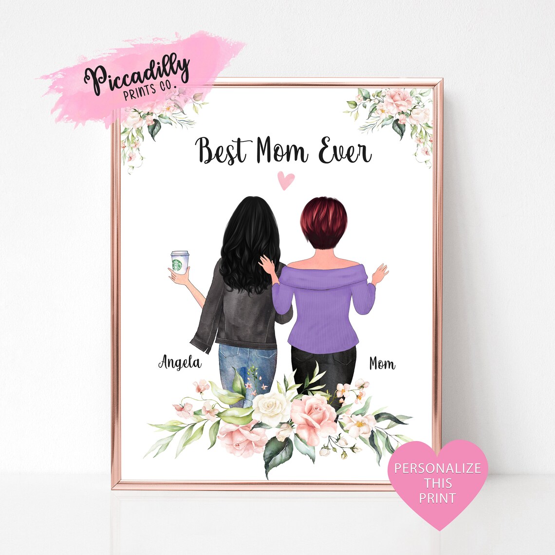 Best Mom Ever Personalized Mother Daughter Floral Gift Poster