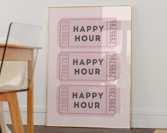 Trendy Happy Hour Printpreppy Pink Posterstrendy Wall Artretro Printbar Cart Artretro Ticket Stubcute Aesthetic Girly Bar Cart Print