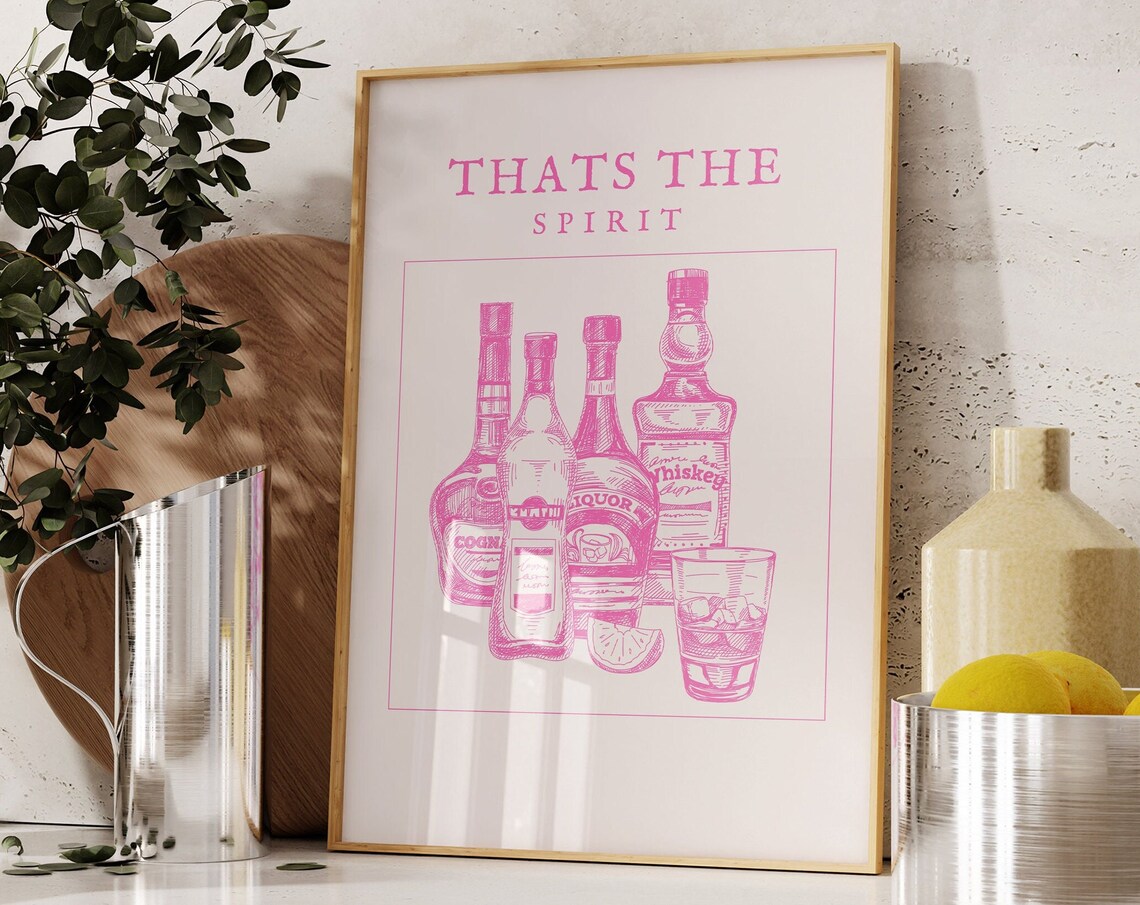 Thats The Spirit Pink Liquor Bottles Sketch Vintage Bar Art Print