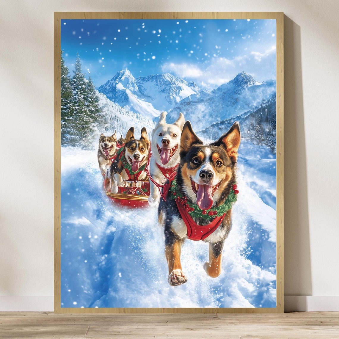 Happy Sled Dog Team Racing Through Snowy Mountain Peaks Poster
