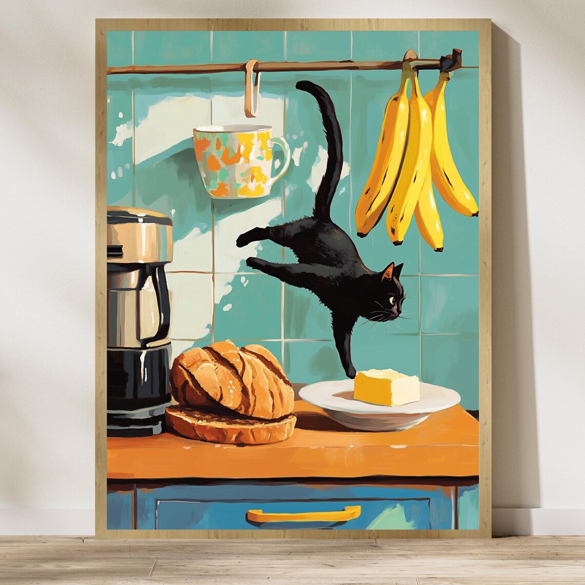Whimsical Black Cat Kitchen Decor, Vintage Art Print