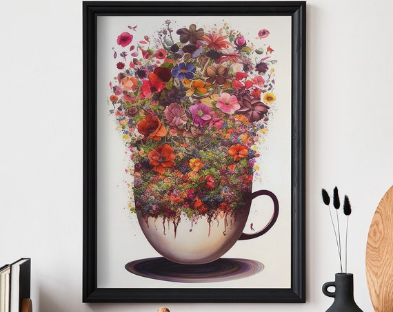 Boho Chic Coffee Cup With Flowers Poster Artwork Print At Home Wall Art Wall Art Print Instant Art