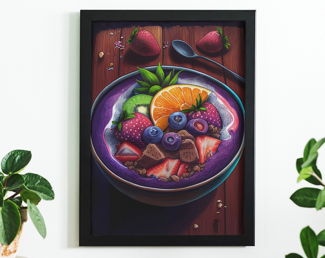 Acai Berry Breakfast Bowl Vibrant Watercolor Kitchen Art Poster