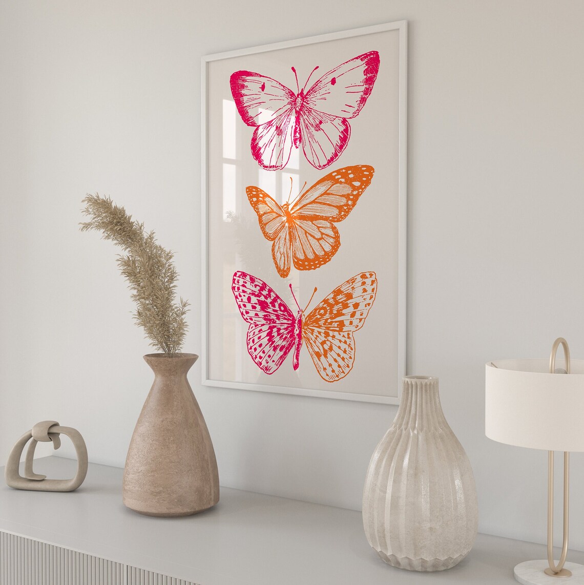 Pink Orange Butterfly Poster Print, Preppy Boho Decor