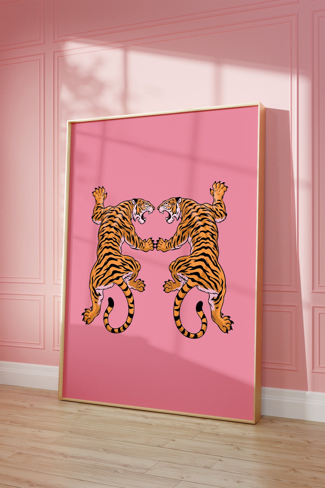 Twin Mirrored Tigers Playful Pink Background Bold Animal Art Poster - Image 2