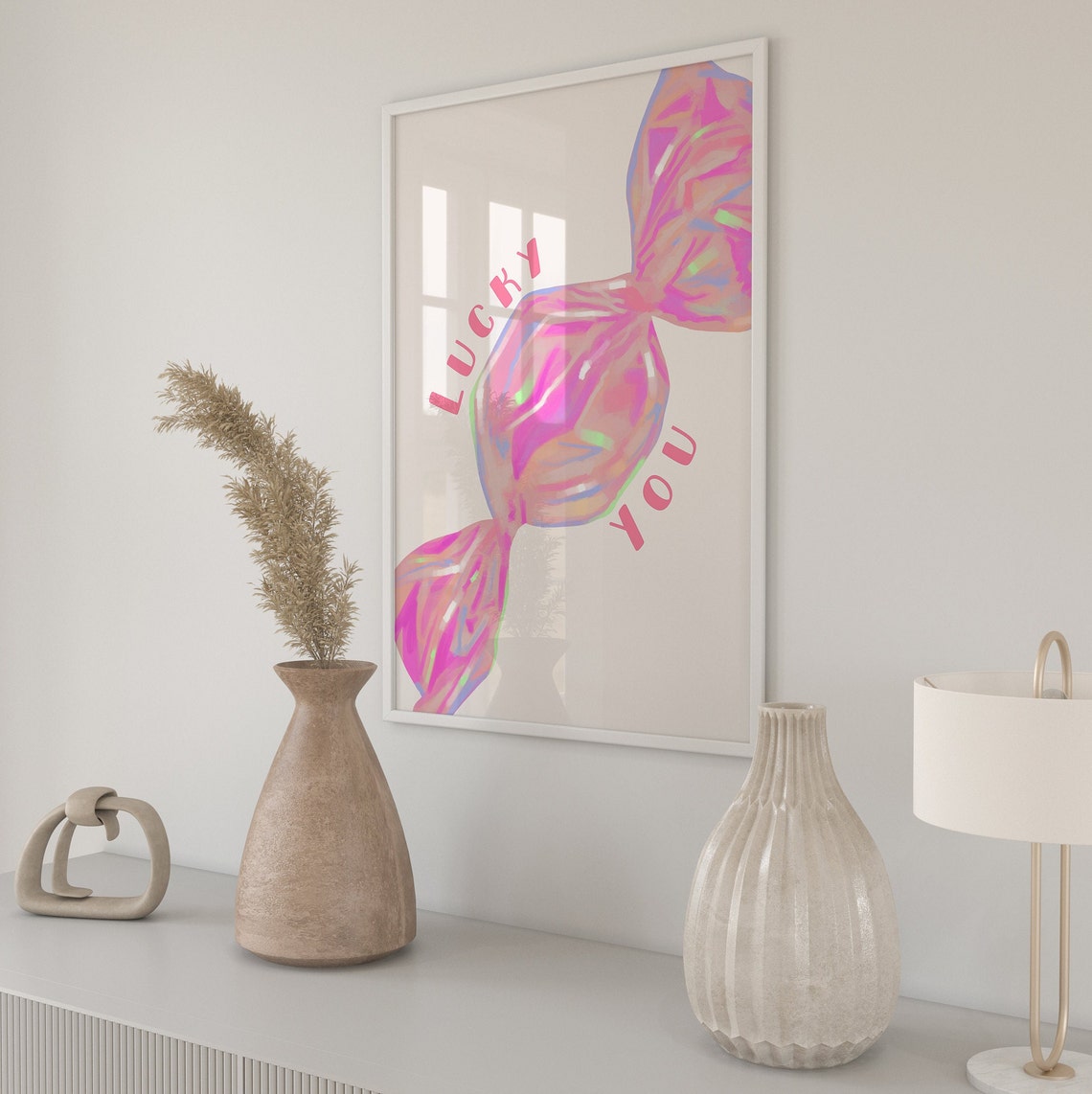 Lucky You Iridescent Pink Candy Coquette Trendy Dorm Bedroom Wall Art
