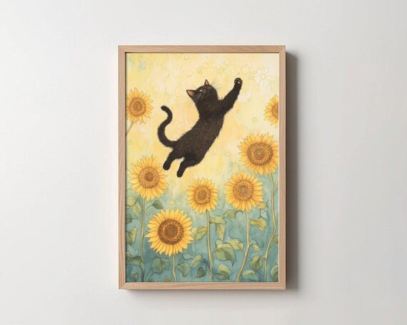 Cat Print Wall Art Black Cat Sunflower Decor Cute Cat Illustration Floral Art Animal