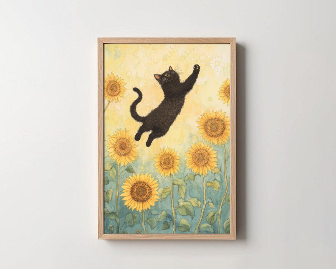 Black Cat Leaping Among Sunflowers Watercolor Playful Poster