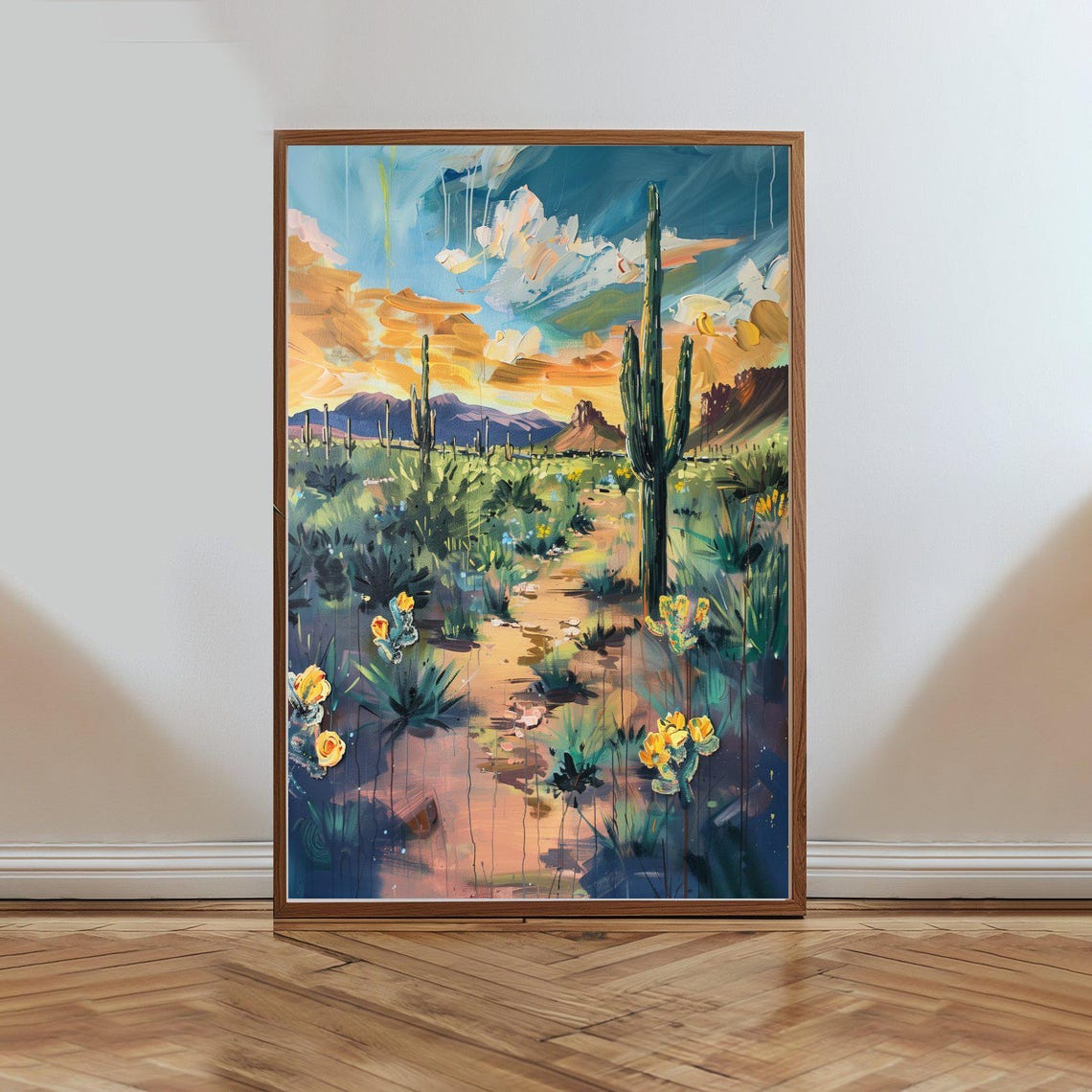 Southwest Desert Sunset Saguaro Cactus Impasto Painting Poster