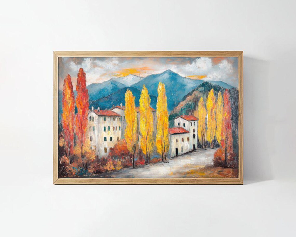 Autumn Village Road Tall Golden Poplars Mountain Oil Art Poster