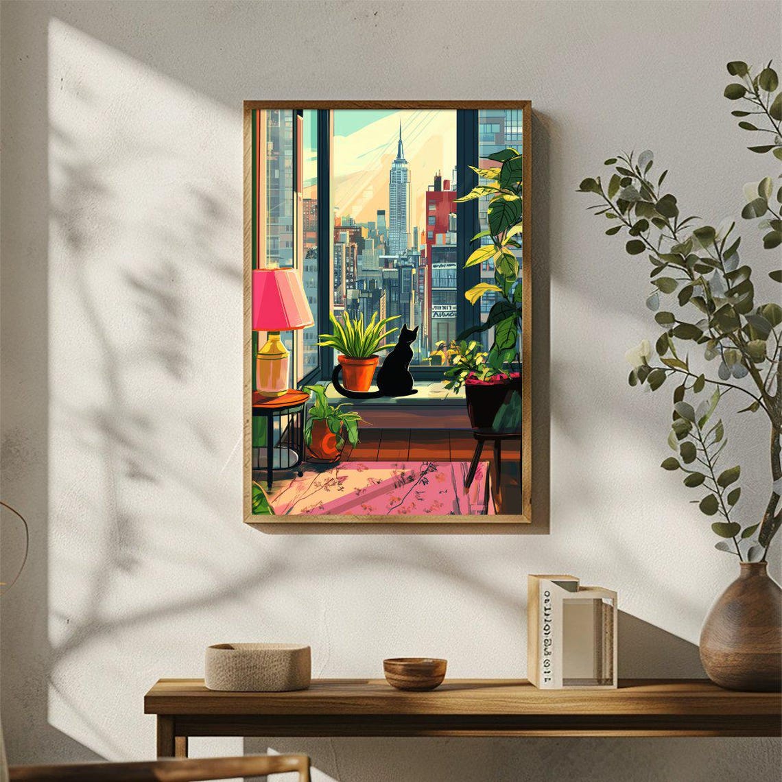 Black Cat on Windowsill Gazing at New York City Skyline Poster - Image 3