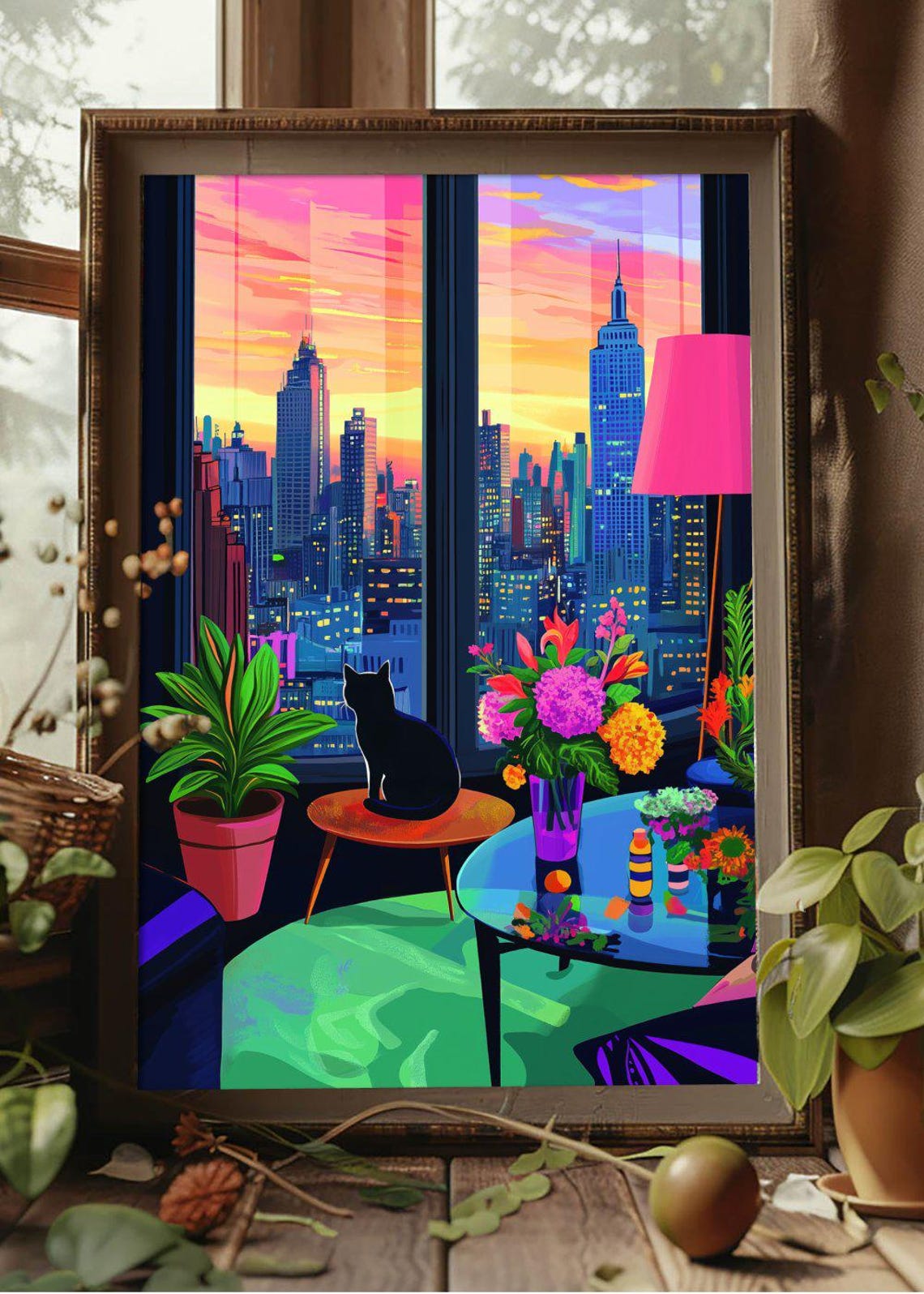 Neon Black Cat Apartment Window Vibrant New York Sunset Poster - Image 2