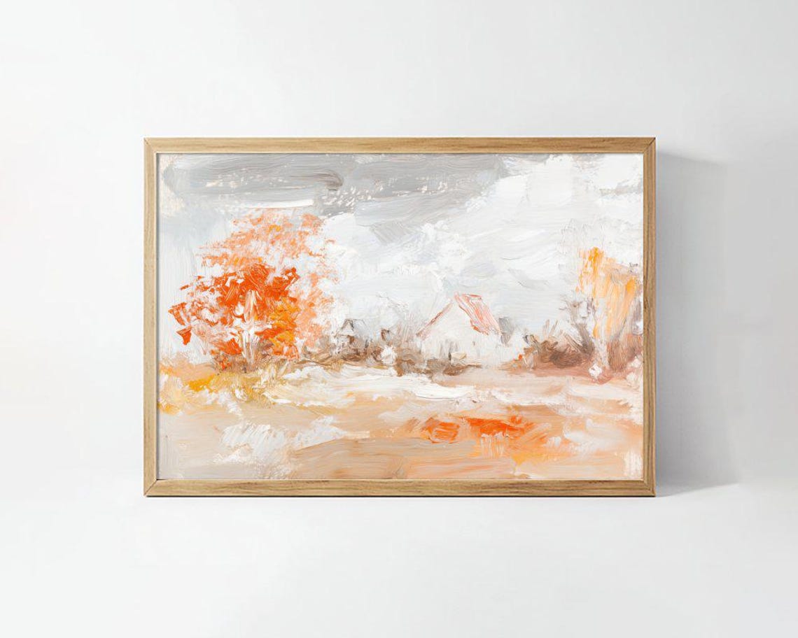 Abstract Autumn Barn Landscape Orange Trees Impressionist Poster