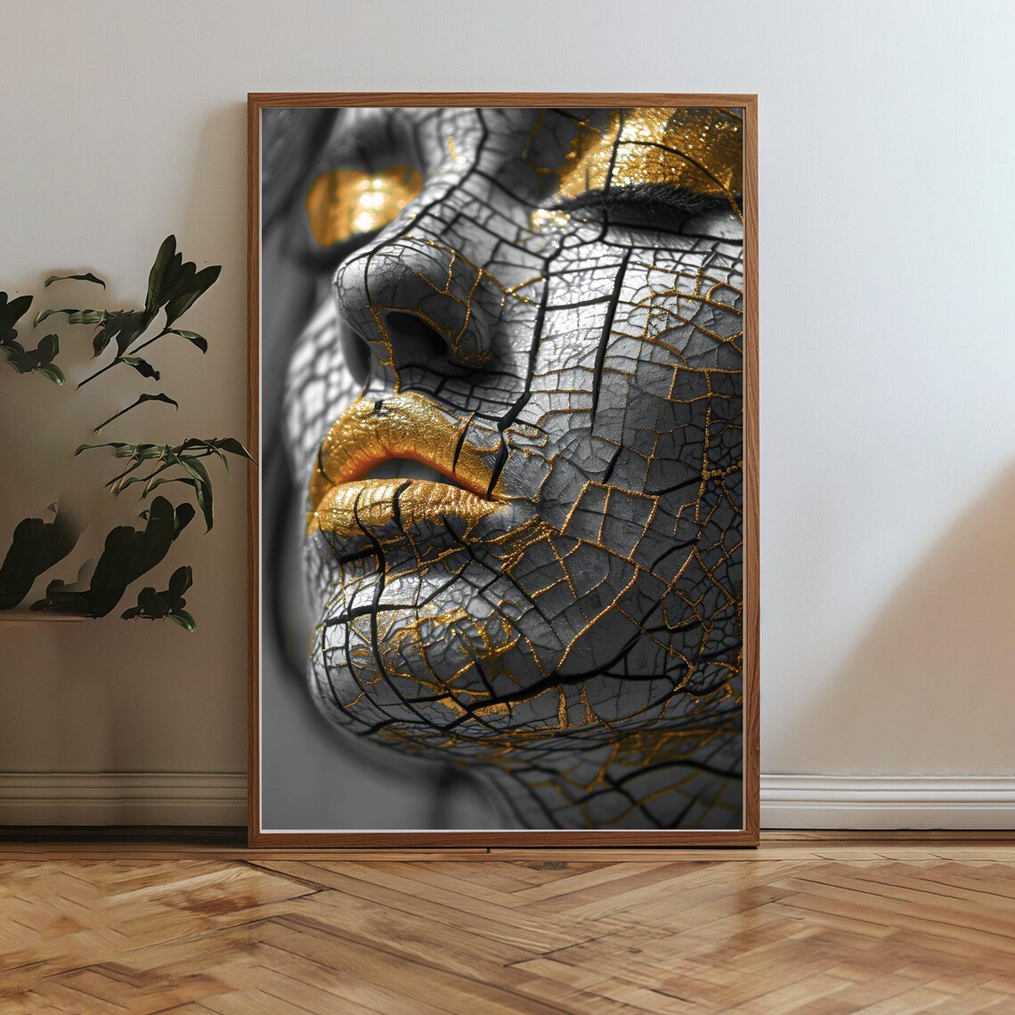 Bold Cracked Golden Kintsugi Beauty Portrait Luxe Black Art Poster