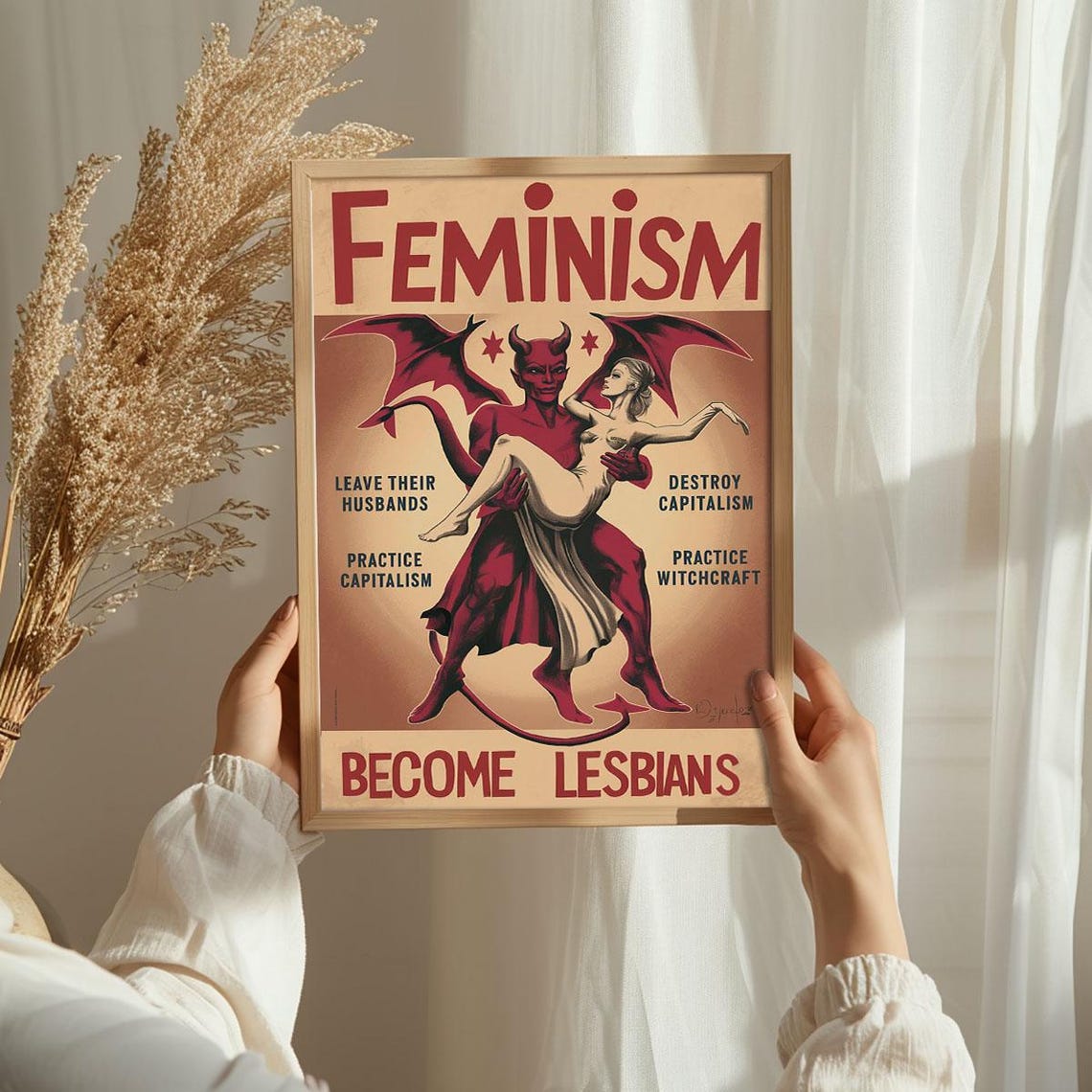 Feminism Become Lesbians Vintage Satirical Red Devil Parody Art Poster - Image 3