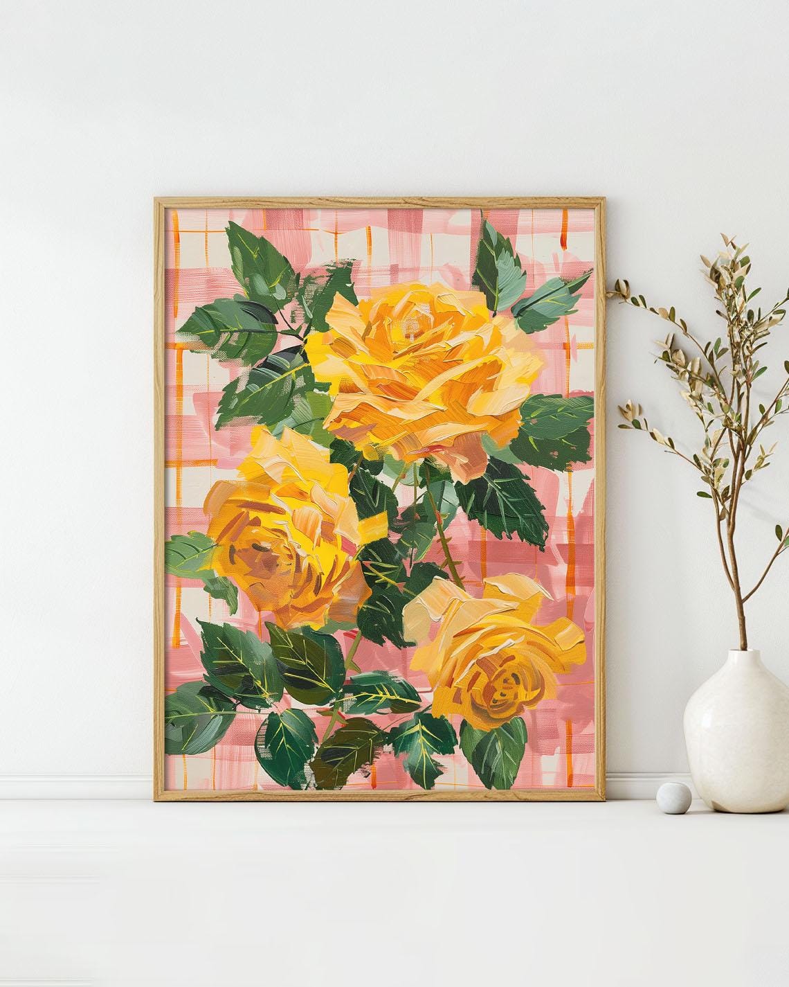 Bright Golden Roses On Pink Gingham Impasto Floral Painting Poster
