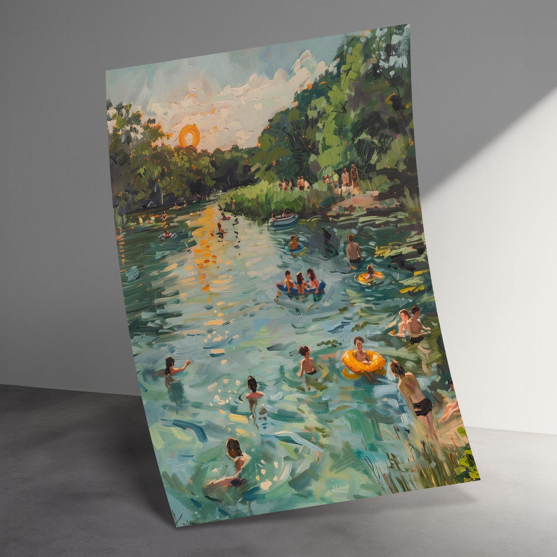 Summer River Swimming Hole Sunset Impressionist Oil Art Poster - Image 3
