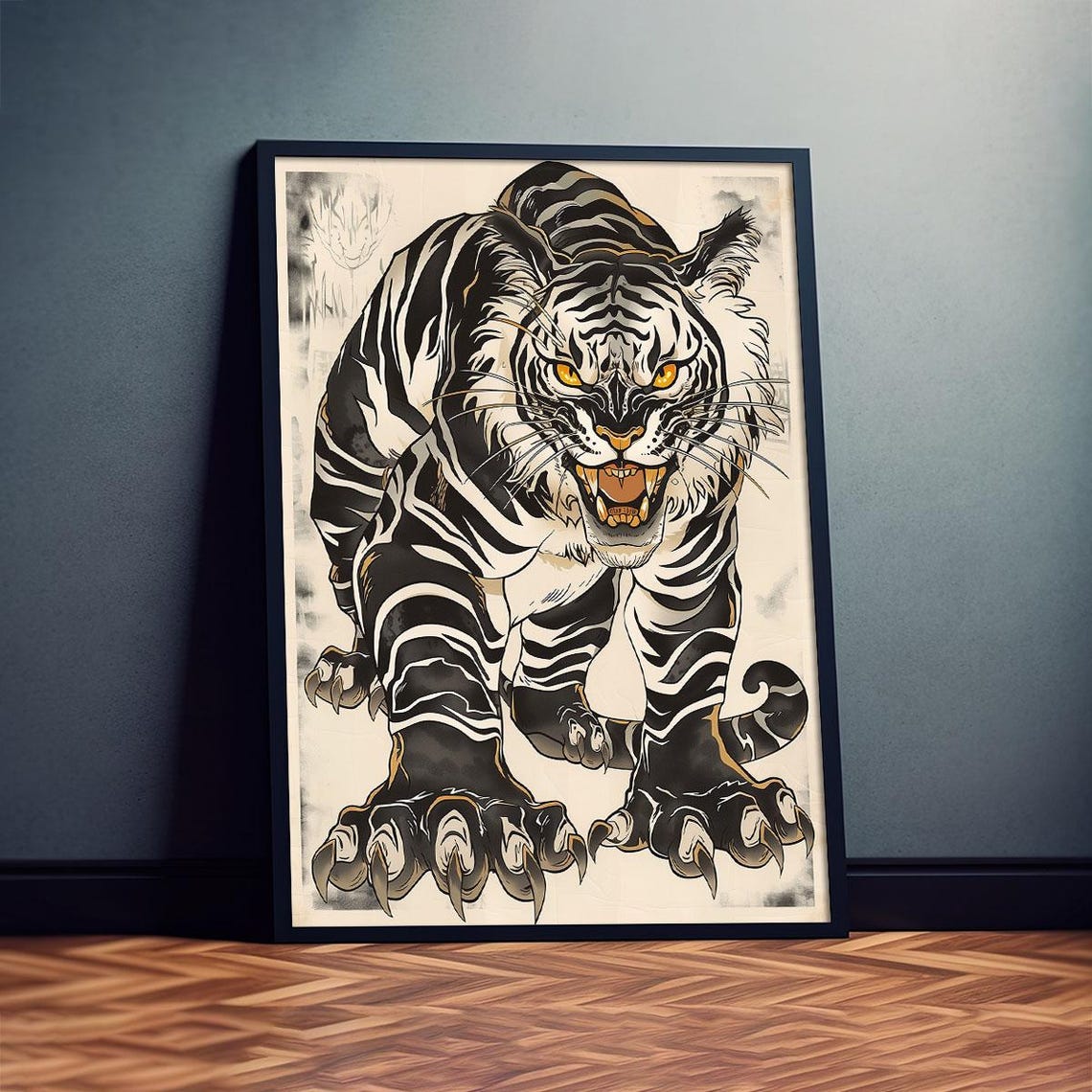 Japanese Tiger Retro Ink Art Fierce Prowling Wild Animal Poster