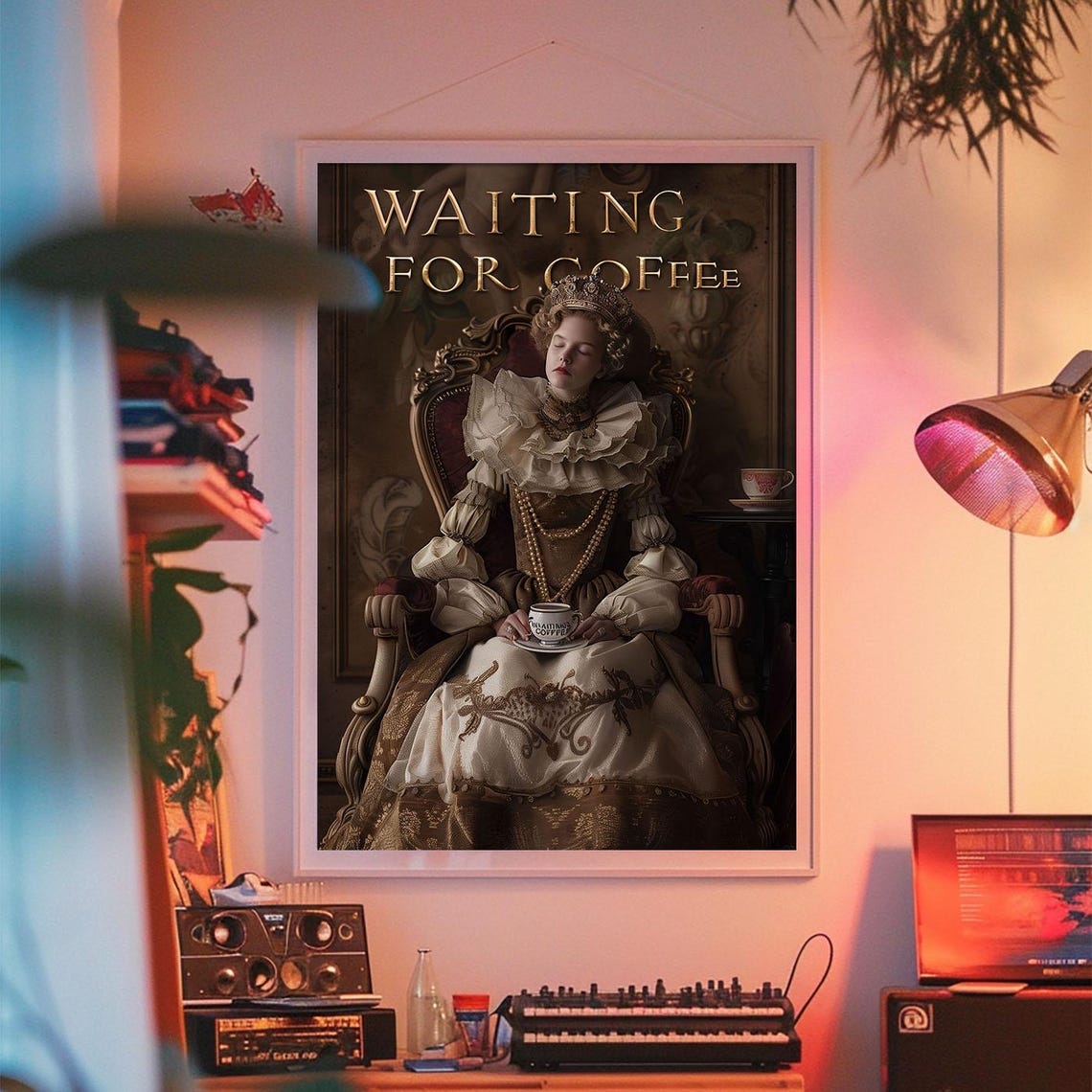 Waiting for Coffee Crowned Queen Vintage Portrait Funny Poster - Image 2