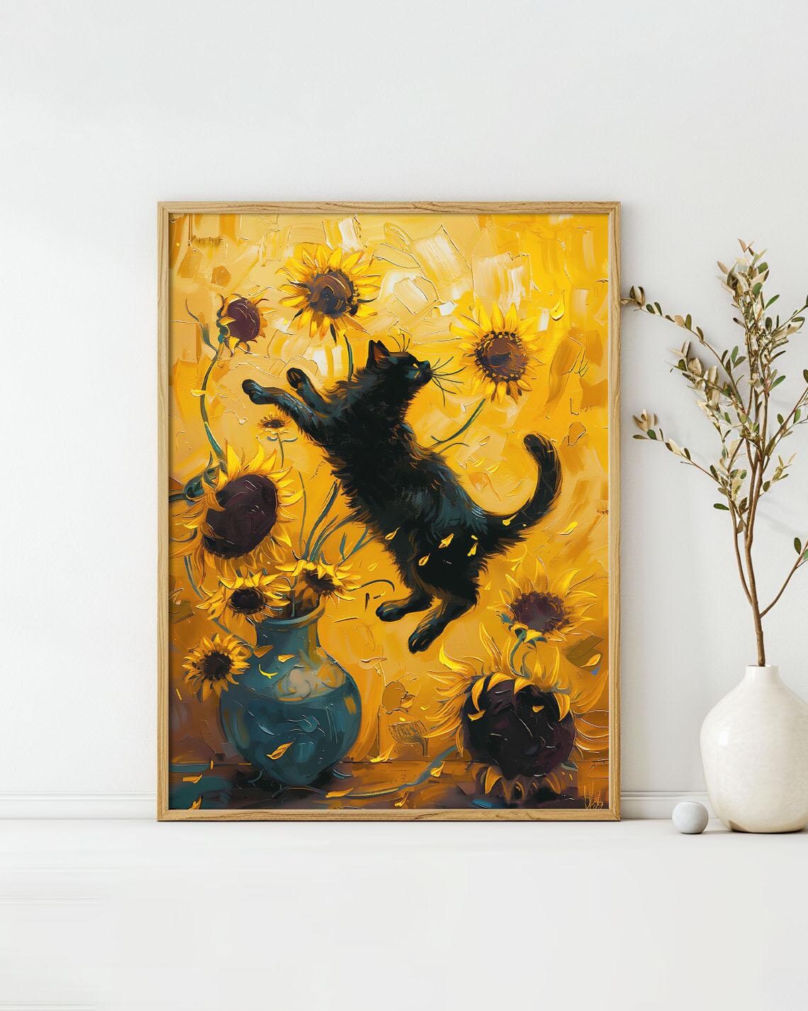 Sunflower Cat Black Cat Leaping Impasto Yellow Flower Fine Art Poster