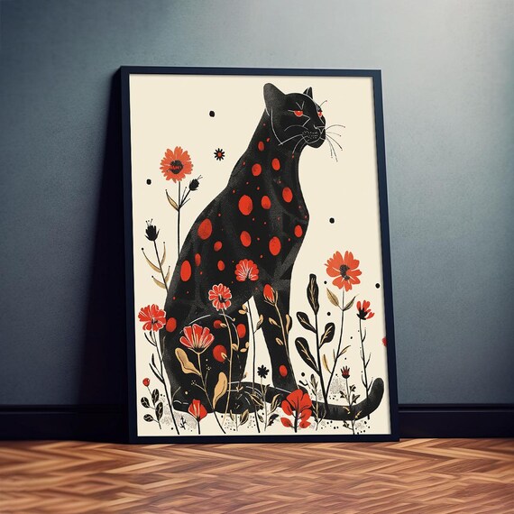 Bold Black Panther Red Spots Floral Art Deco Wild Animal Poster