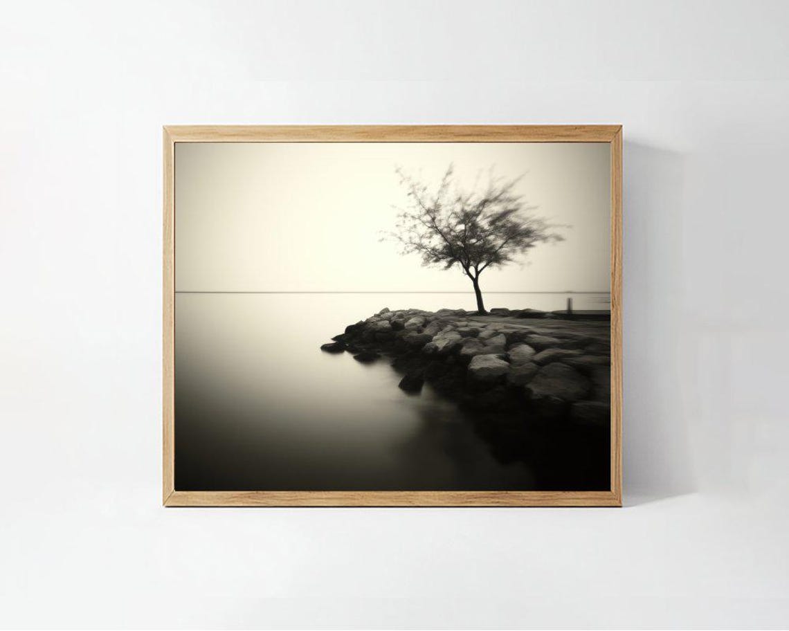Serene Minimalist Tree Art Calming Misty Landscape Print Zen Decor Photography Black And White Wall Art