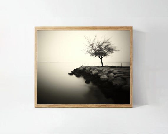 Serene Minimalist Tree Art Calming Misty Landscape Print Zen Decor Photography Black And White Wall Art